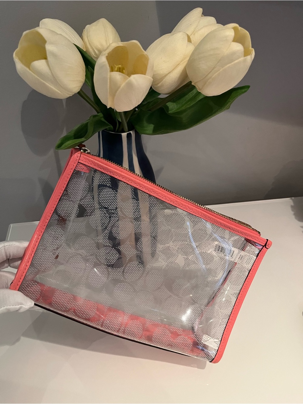 Coach Clear Wristlet with Coral Trim and Signature Print